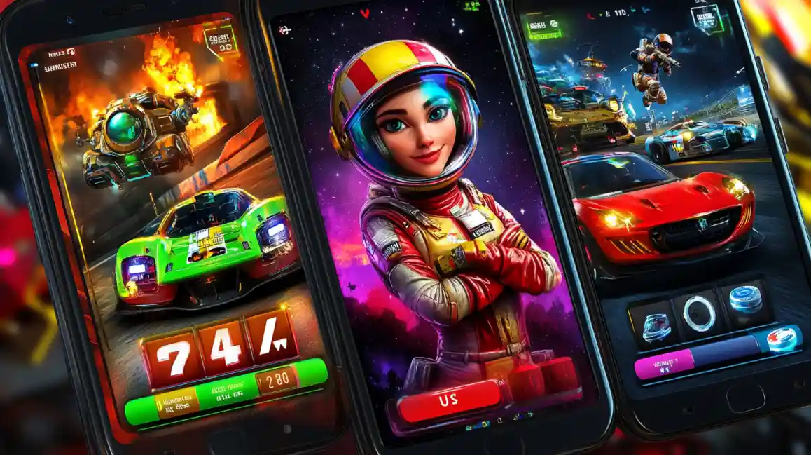 Top Mobile Games Three smartphones displaying a variety of racing and sci-fi themed online casino games